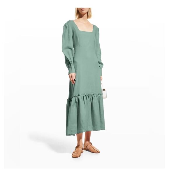 Harshman Bloom Sage Green Long Sleeve Square Neck Flounce Midi Dress Size S - Picture 1 of 12